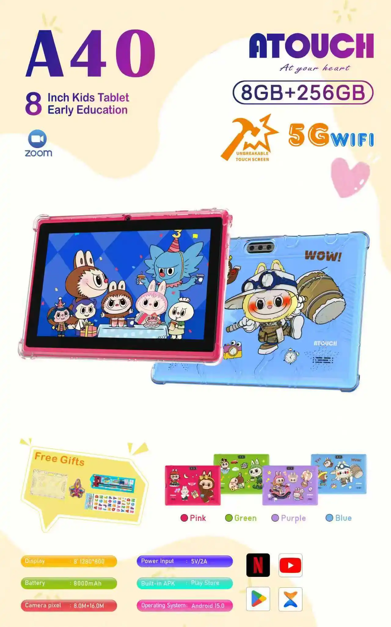 ATOUCH A40 8 Inch Kids Tablet IPS Display Quad Core MTK6735 Android 15 Tablet PC 8GB RAM 256GB ROM 8000mAh Battery Educational T