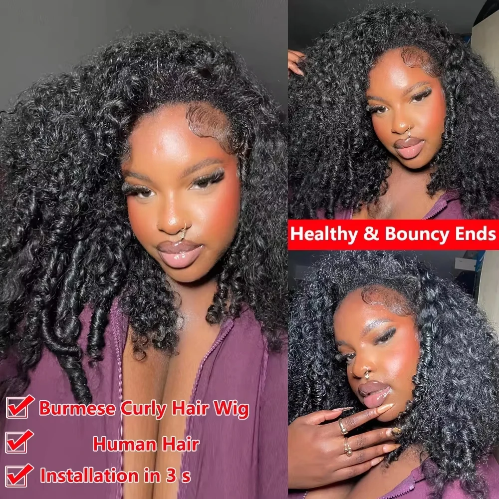 Burmese Curly Half Wig Human Hair Full Machine Wig Human Hair Ready to Wear 3 IN 1 Half Wig Burmese Curly Flip Over Wig With Drawstring Seamless Clip
