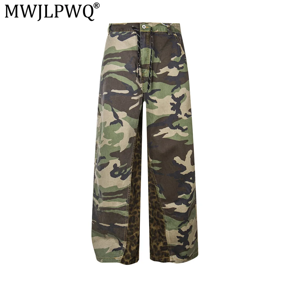 MWJLPWQ Leopard Print Patchwork Camouflage Casual Straight Pants Men's Trendy American Outdoor Sports Design Work Pants 21411