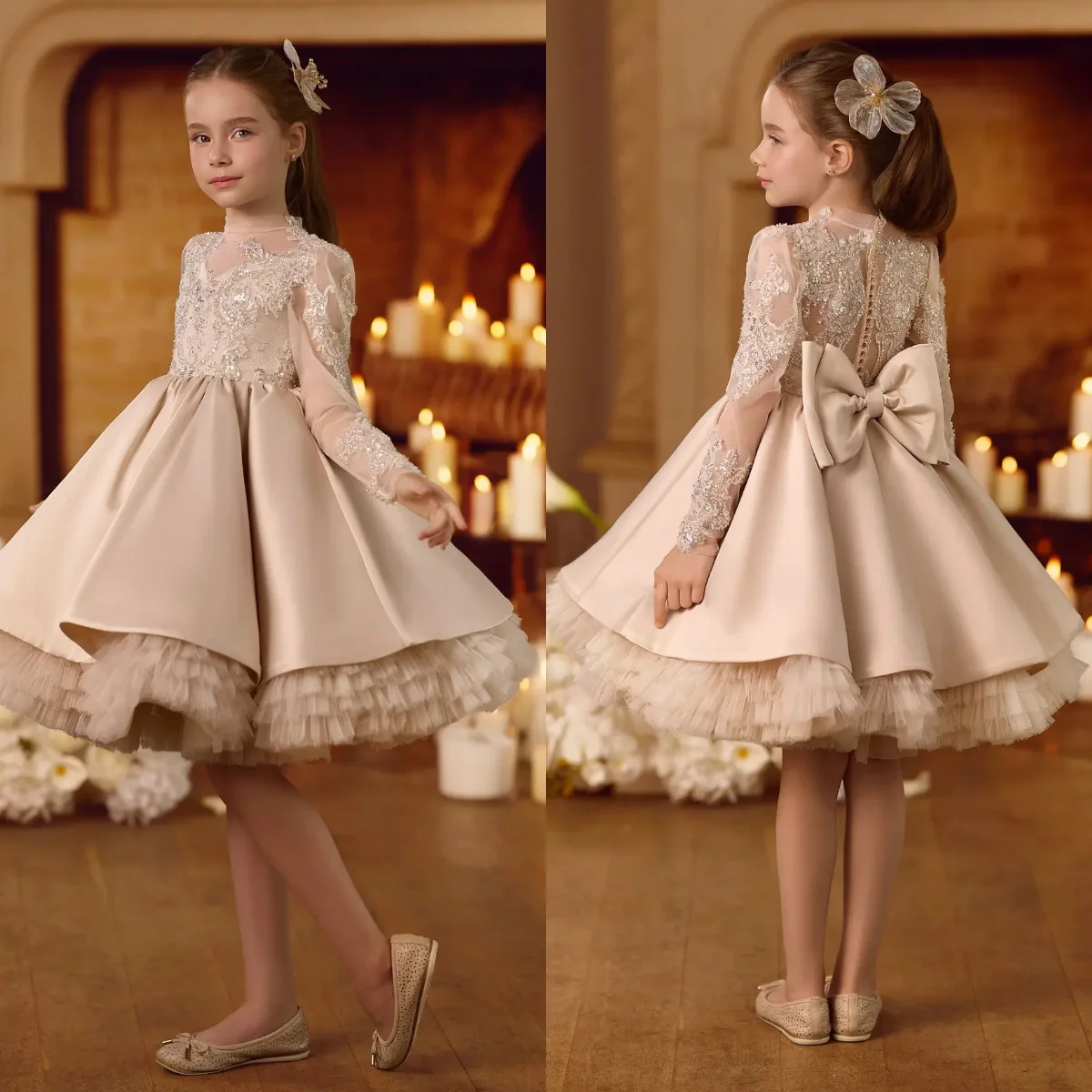 Champagne Flower Girl Dress for Wedding Long Sleeve Knee Length Litter Princess Birthday Gowns Customized First Communion Dress