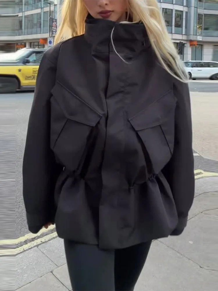 Women Black Stand Collar Jacket Drawstring Waist Loose Zip Up Pockets Windbreaker Female 2026 Autumn Lady Windproof Street Coat
