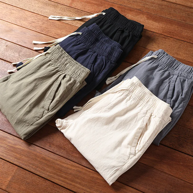 Summer men's skin-friendly delicate elastic waist bundle hemp pants casual pants