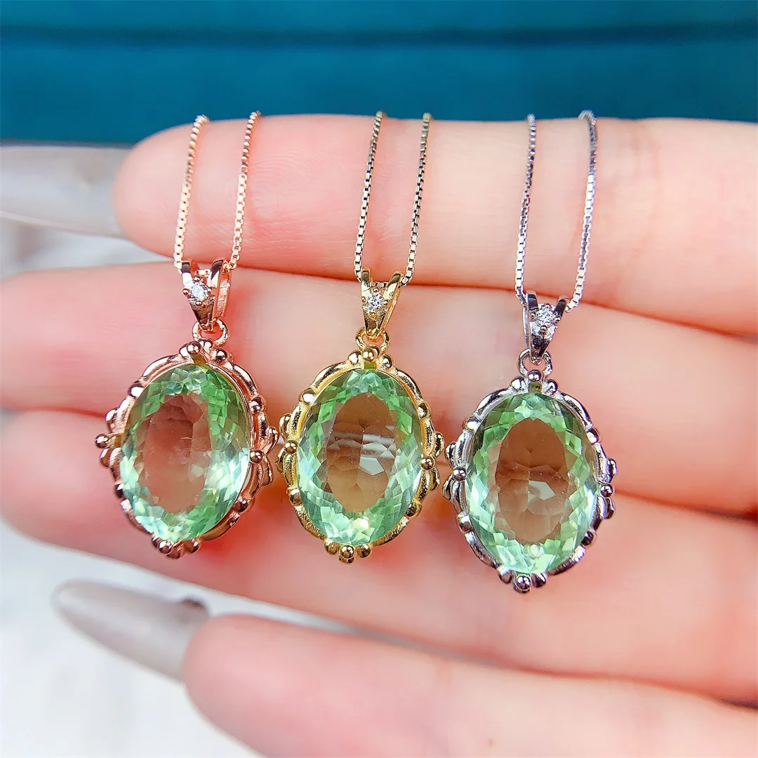 Green Crystal 925 Sterling Silver Pendant Necklace Elegant Women Jewelry Gift