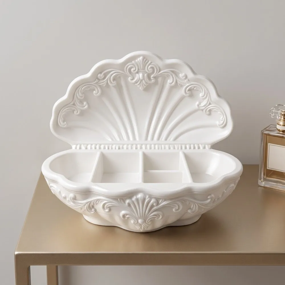 3D Printed Shell-Shaped Jewelry Tray Vintage Vanity Decor Desktop Storage Box Decorative Oval Multi-Compartment Organizer