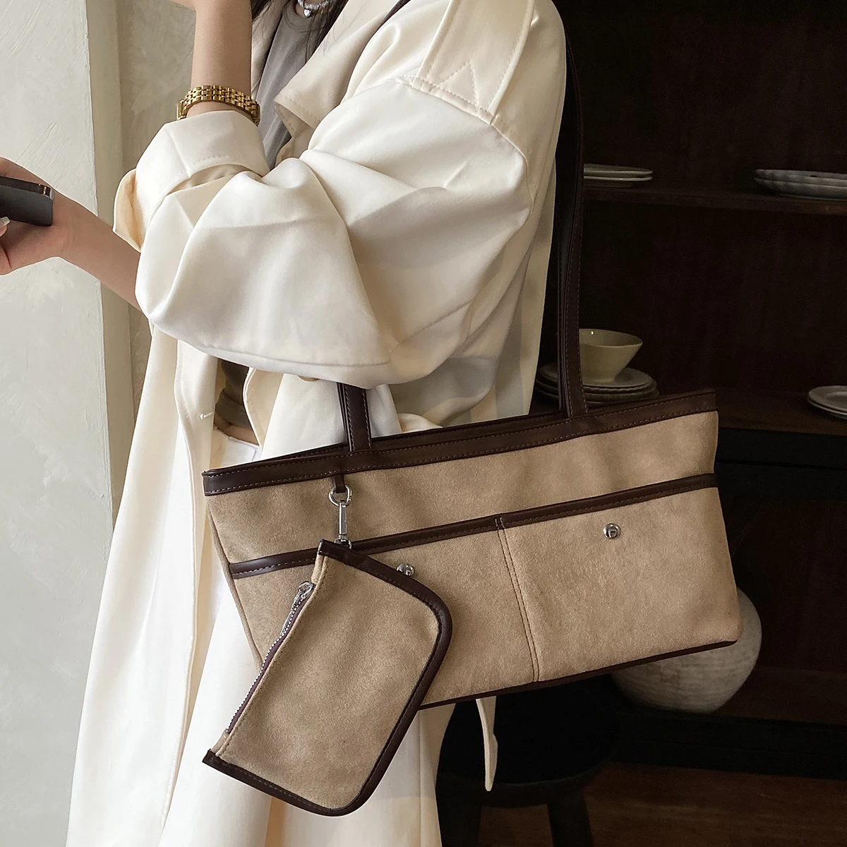 Vintage PU Tote Bag for Women Large Capacity Shoulder Handbag with Small Coin Purse Retro Style Top Handle Bag for Office Daily