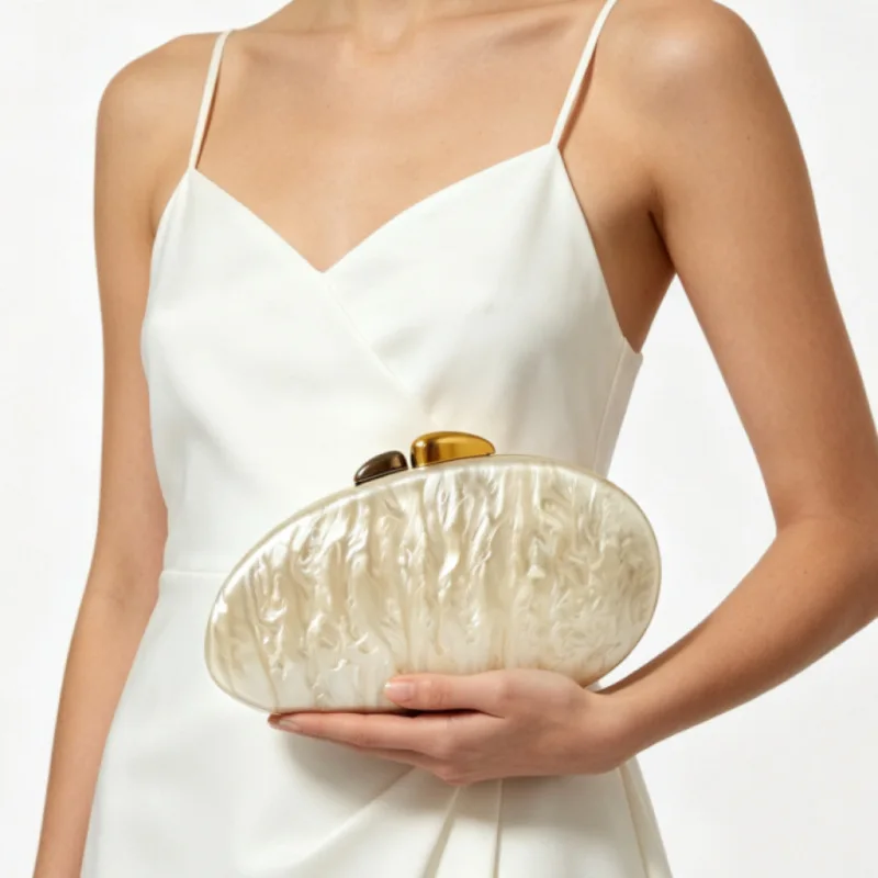 Fritillary Texture Dinner Bag, Gold Buckle Oval Acrylic Bag, Flowing Water Ripple Special-Shaped Shoulder Clutch Bag