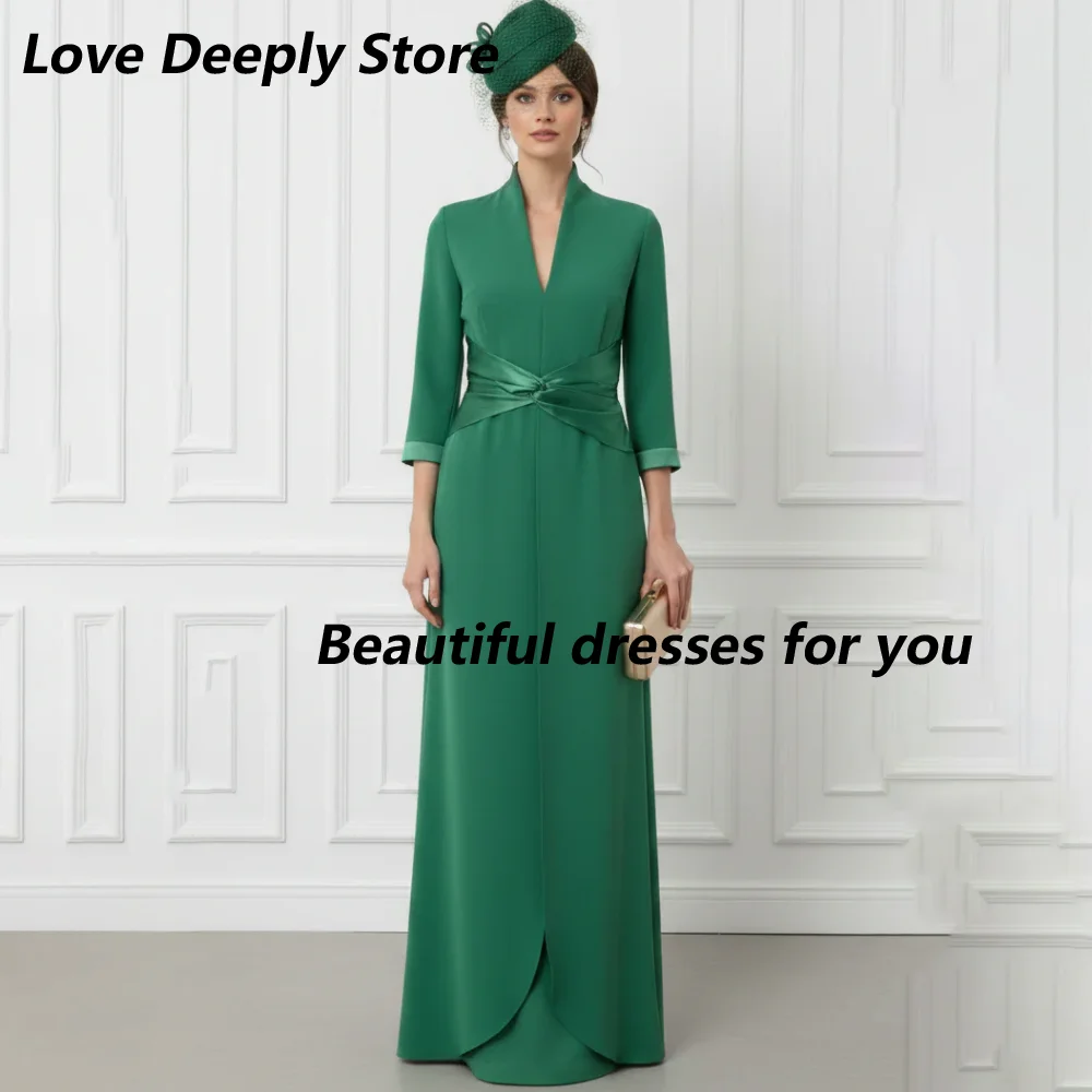 Customized Emerald Green Stand Collar Mother of Bride Dresses 3/4 Sleeve Satin Twist Belt Split Formal Wedding Evening Maxi Gown