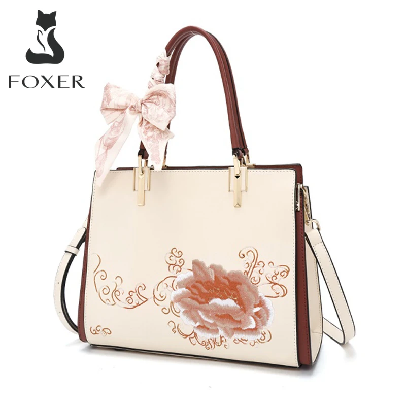 FOXER Luxury Women Top Handle Handbag Elegant Chinese Embroidery Tote Bag Cowhide Leather Ladies Fashion Crossbody Shoulder Bag