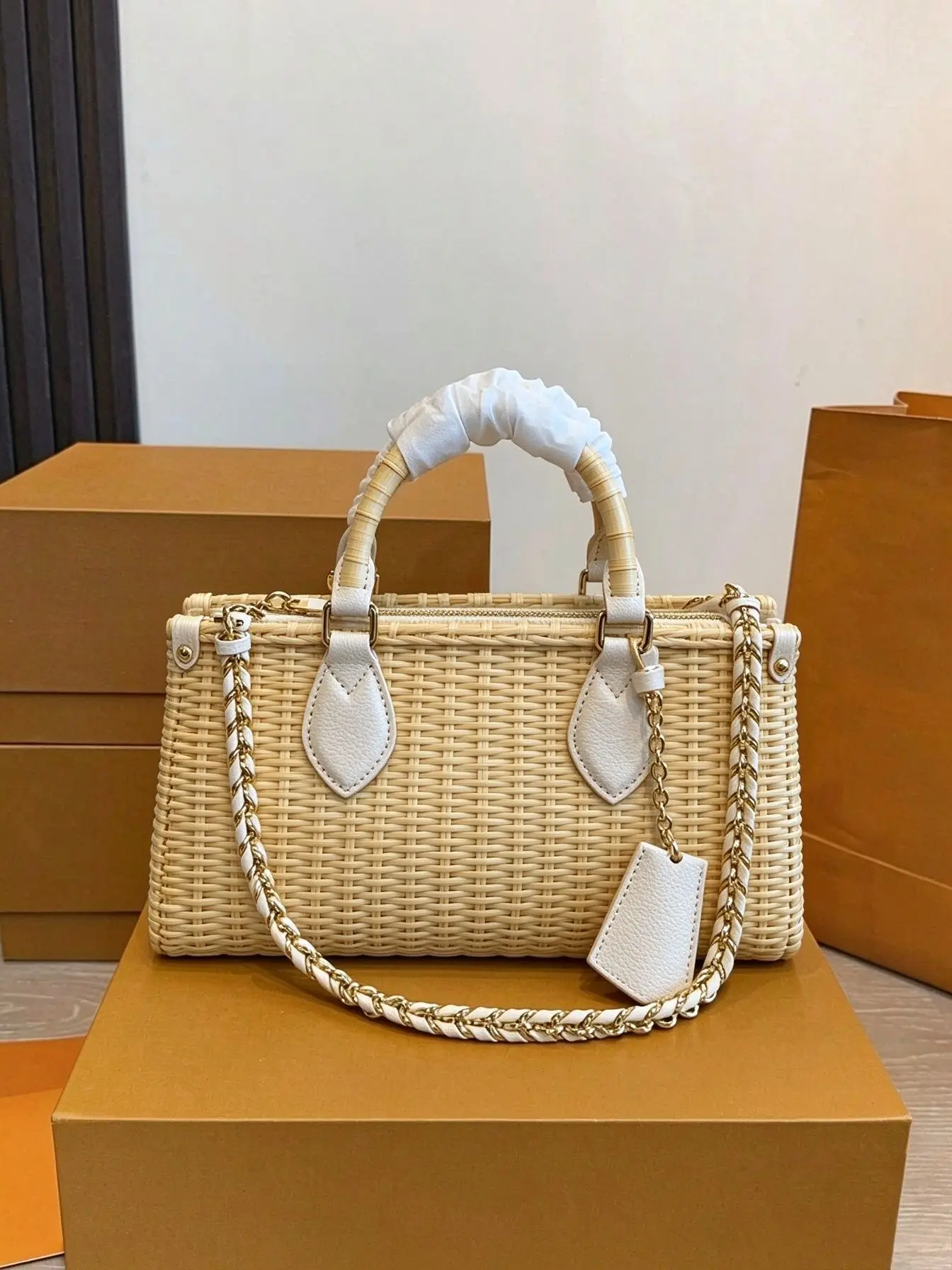 Women Natural Rattan Woven Rectangle Handbag Bamboo Handle White PU Leather Trim Chain Crossbody Summer Beach Wicker Purse