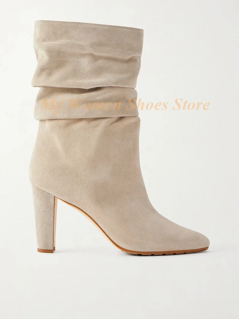 Beige Suede Pleated Boots Knee Round Toe Slip On Block High Heel Runway 2026 Autumn Winter Women Dress Shoes Solid Black