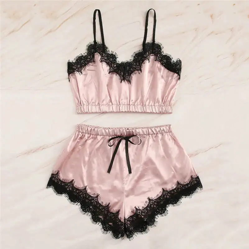 Lace Trim Cami Top And Bow Accent Shorts Set Featuring Multiple Color Options For Women Sexy Erotic Lingerie Costumes Outfits