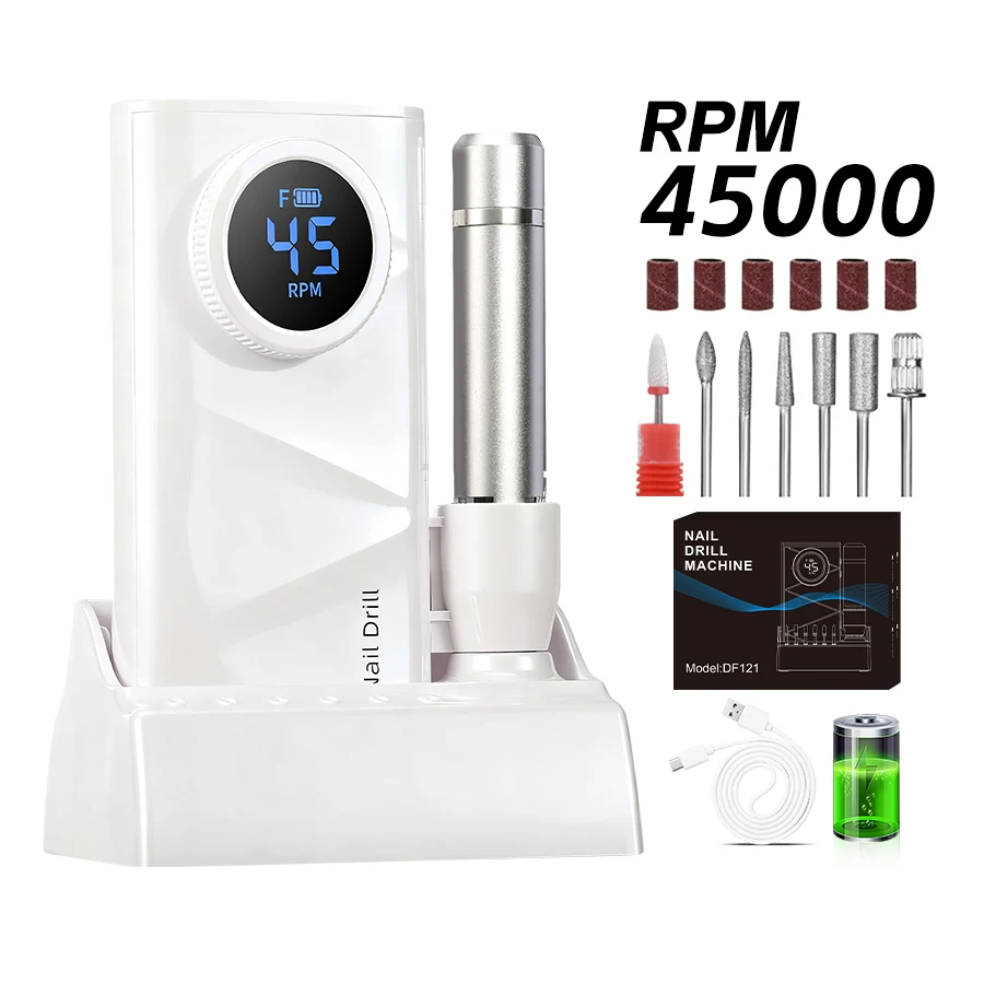Rechargeable Nail Drill Machine, 45000RPM, 4500mAh LargeCapacity Battery, Electric Nail File For Gel Nail Removal, Cuticle Removing, Callus Polishing, Manicure & Pedicure Tool For Beginners, Home & Salon Use