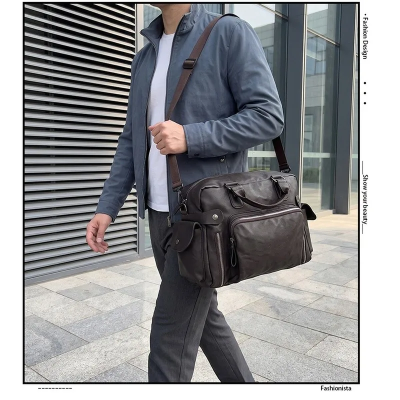 Men PU Leather Gym Duffle Bag Large Capacity Business Travel Weekender Shoulder Crossbody Bag Multifunctional Laptop Handbag