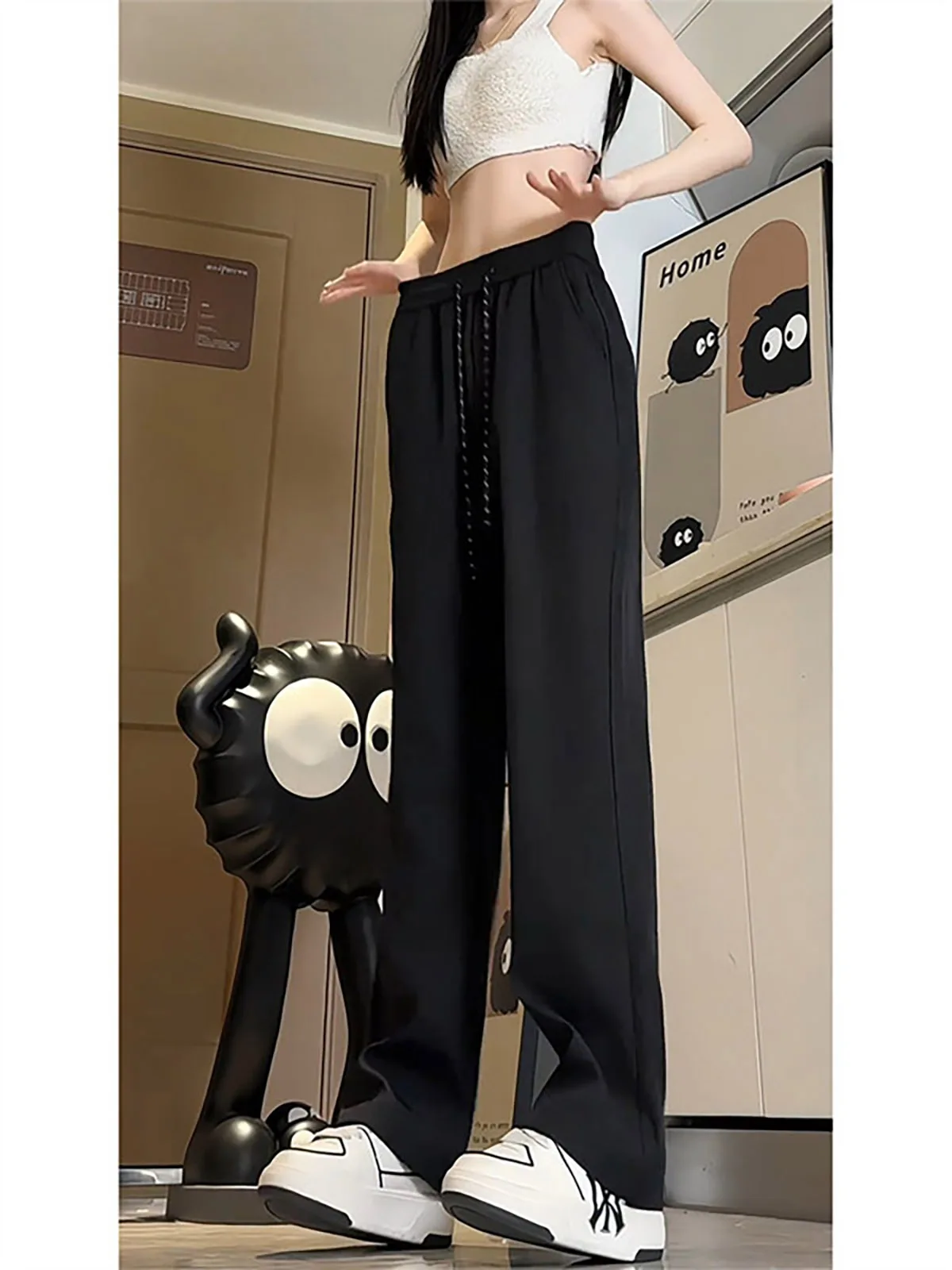 Black Waterproof Drapey Men's Casual Pants Autumn High Waist Straight Leg Drawstring Flared Long Trousers CleanFit Style