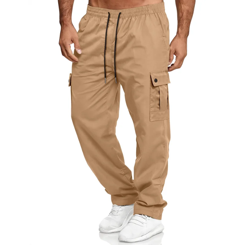 Men's Casual Cargo Pants Elastic Waist Drawstring Straight Leg Trousers with Multi Pockets