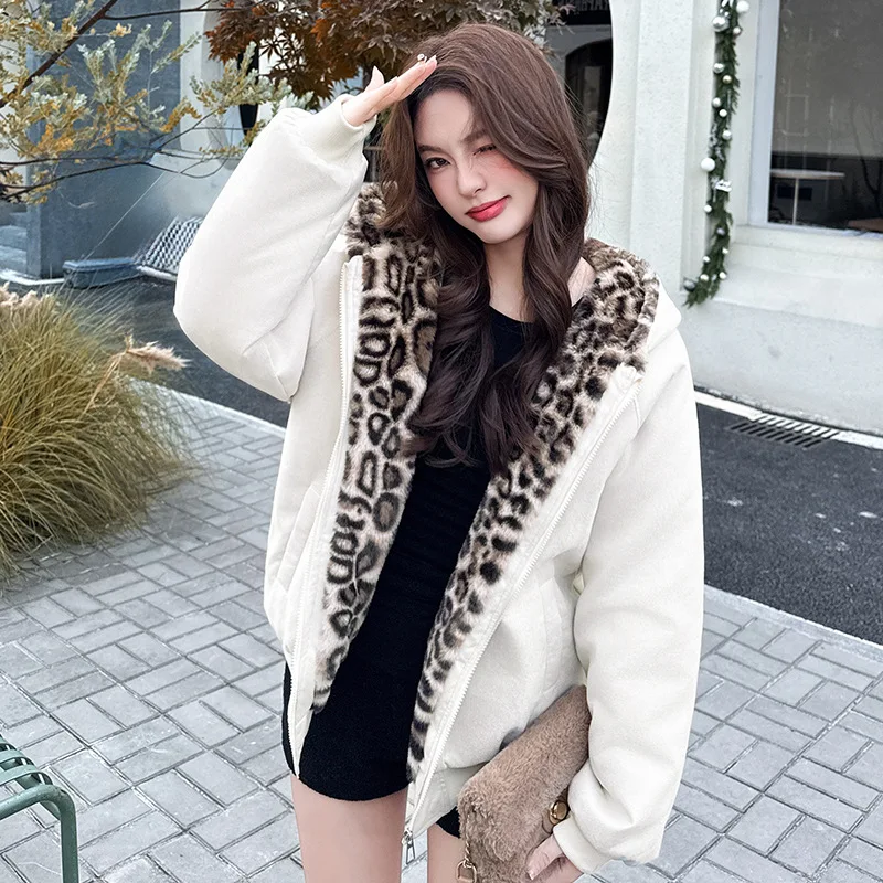 Women Winter Hooded Cat Ears Leopard Fleece Trim Puffer Jackets Loose Warm Zipper Solid Windproof Pockets Female Outerwear