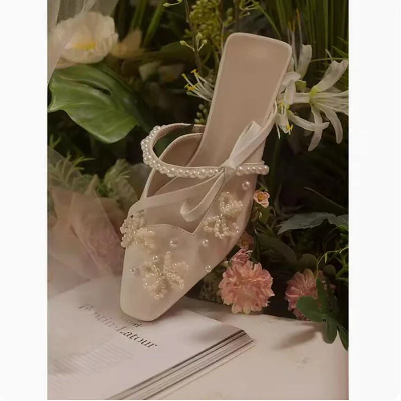 Pearl beadings bow Side Strap Slipper Sandals Close Toe Slingback Catwalk Kitten Heels Party Shoes