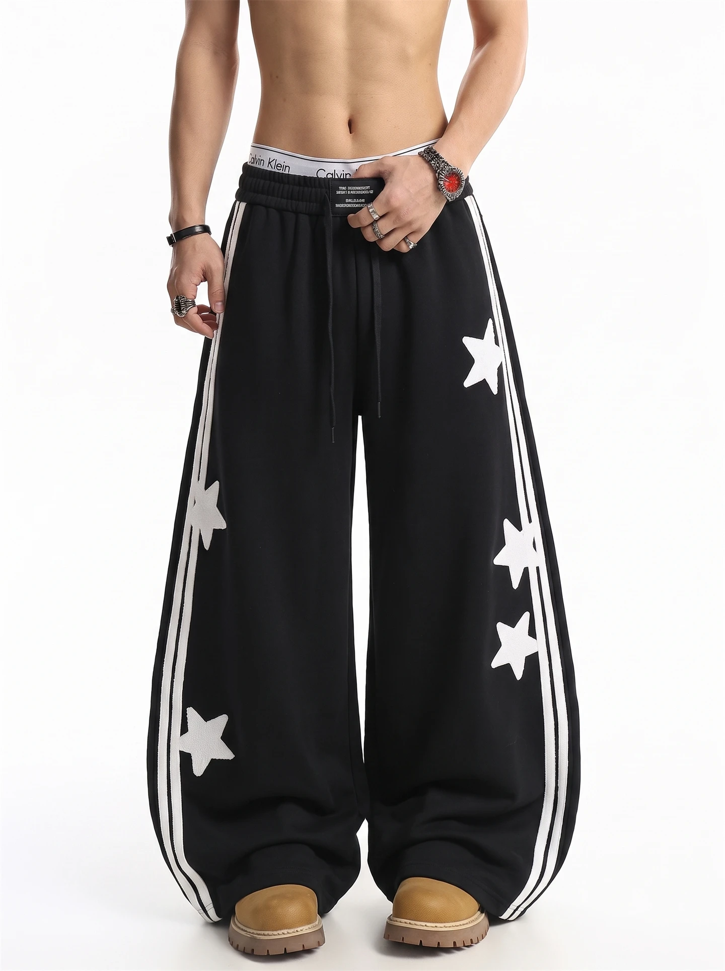 BETEBULE American Style Streetwear Loose Fit Men's Casual Pants with Embroidered Stripe And Star Design Breathable Autumn Wear