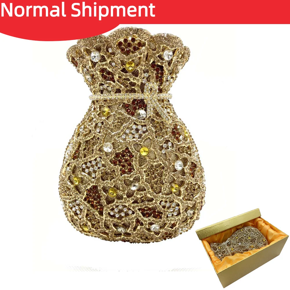 Newest Luxury Women Evening Bag Party Pouch Designer Hollow Out Crystal Clutches Gold Rhinestone Purses Money Handbag