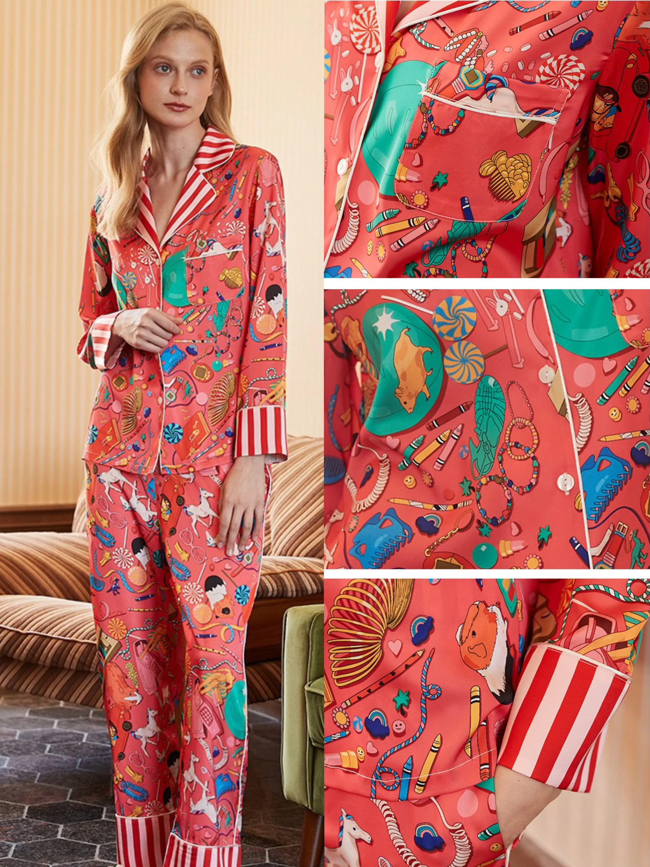 2026 New Red Printed Pajamas Women Spring Autumn Thin Ice Silk Faux Silk Long Sleeve Pants Two Piece Homewear Set