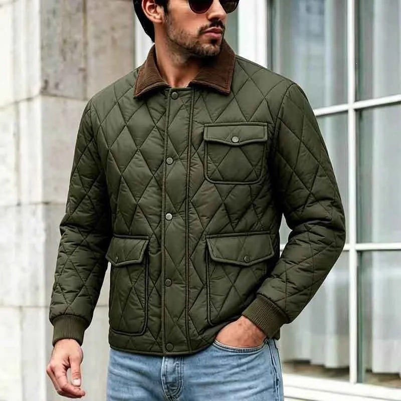 KIDWHXR Man Jacket Winter Retro Contrast Color Turn Down Collar Male Parkas Single-breasted Long Sleeve Pocket Men Casual Coat