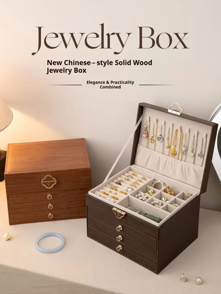 A lightweight luxury vintage multi-layer golden jewelry box with wooden texture, minimalist and high-end design, ideal as a Vale