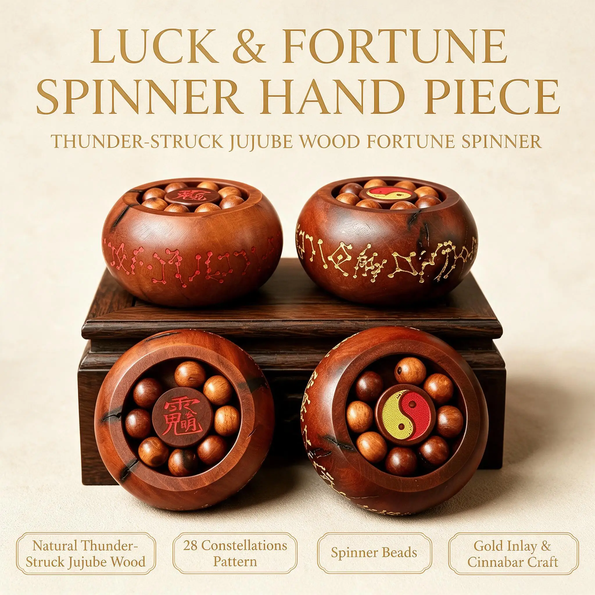 Chinese Feng Shui Jujube Wood Rotating Fortune Amulet Lucky Revolving Pendant Wealth Charm Portable Desk Meditation Fidget Toy