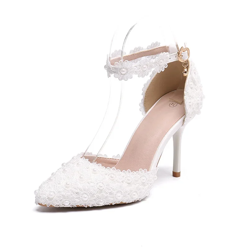 2024 New Buckle Shallow Mouth Single Shoes Pointed High Heels Women's Fine Heels Lace Wedding Shoes