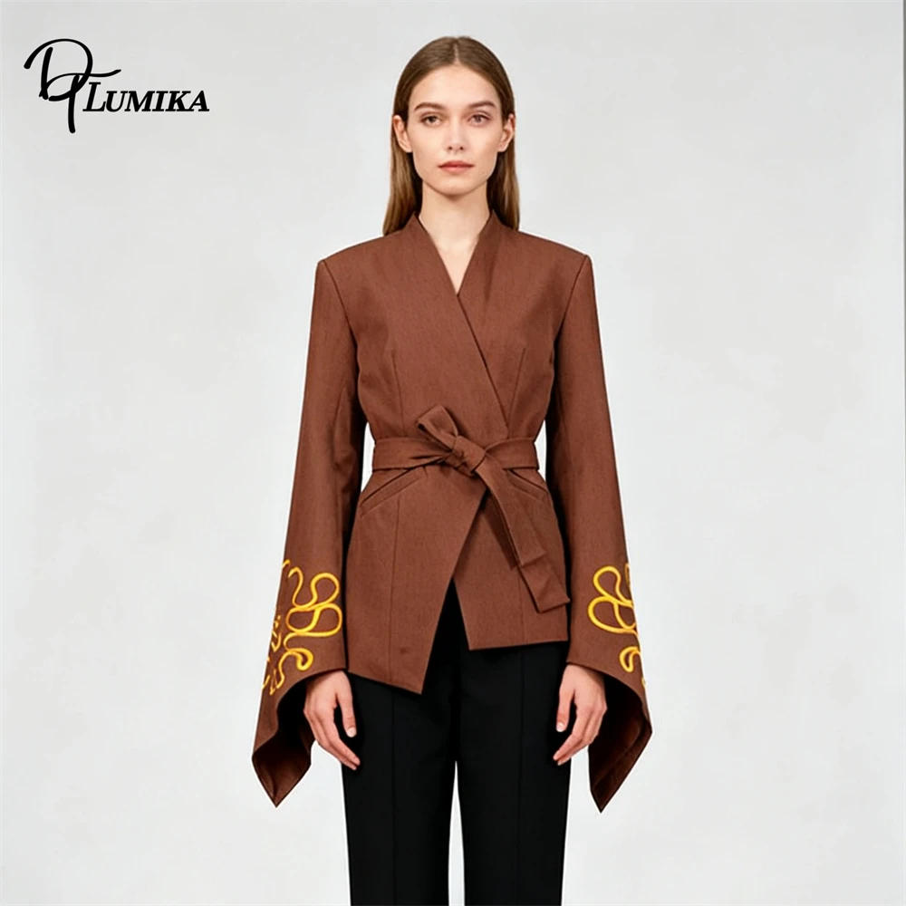DTLumika Retro Embroidered Jacket for Women 2026 Trumpet Sleeve Waist Tie Suit Blazer Asymmetric Hem Small Suit Actual Photo