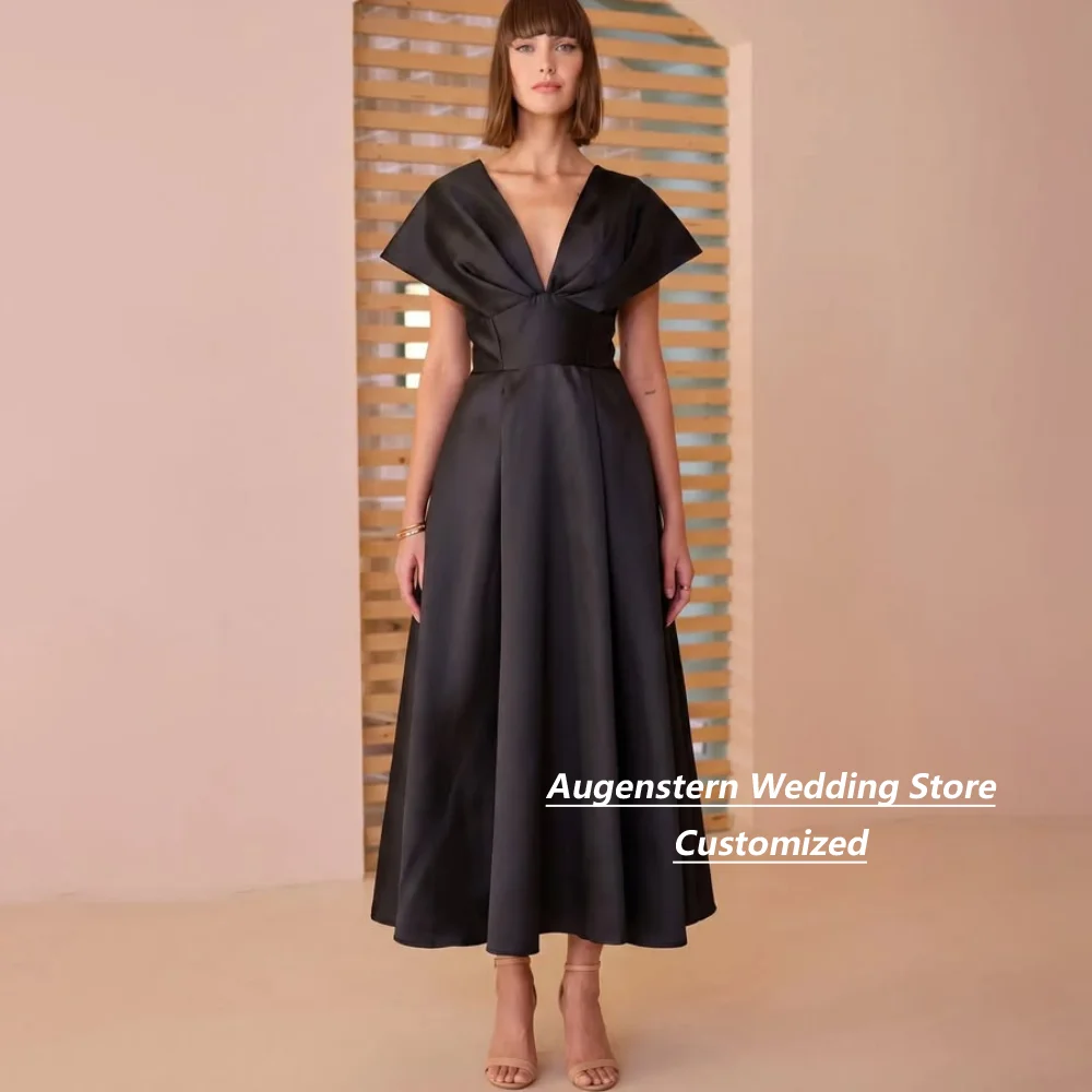 Customized Black V Neck Cape Sleeve Satin Mother Of The Bride Gown A Line Tea Length Midi Formal Wedding Guest Evening Dress