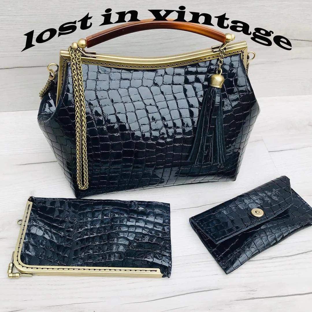 Lost in Vintage Lady Bag Artificial Leather Bag with Tassel Pendant Metal Frame Kiss Lock Bronze Snap Clutch Purse 30x20x12cm