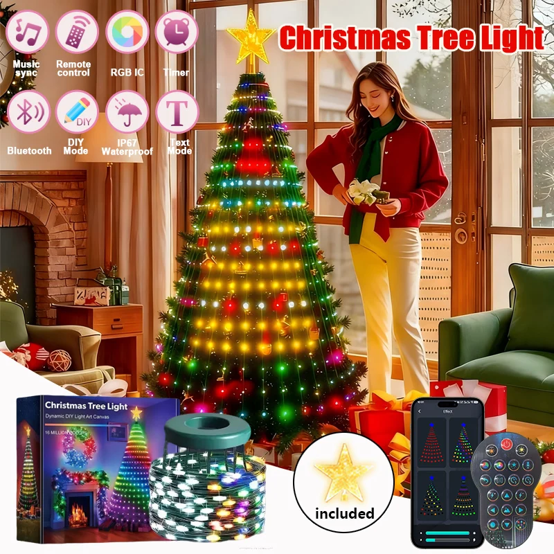 Smart RGBIC Christmas Tree Lights 400 LEDs IP67 Waterproof Outdoor String Lights App Control DIY Colors for Christmas Tree Decor