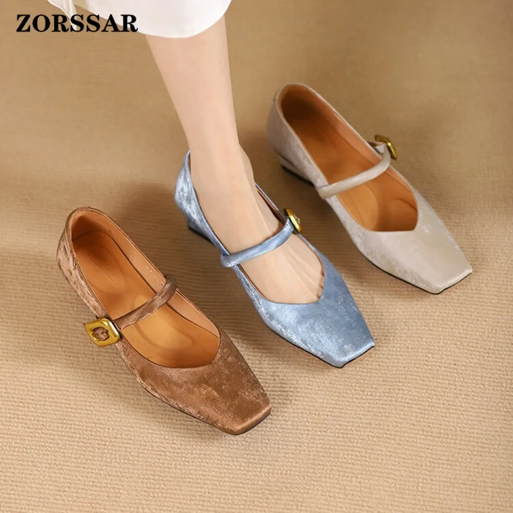 High Quality Suede Brand Ballet Flats Women Square Toe Shallow Mary Jane Shoe Elegant Narrow Buckle Plus Size Designer Flats
