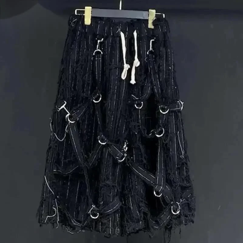 Men's Rough Edge Denim Shorts Summer New  Elastic Waist Floating Rope Darkwear Advanced Personality Design XVFGT6