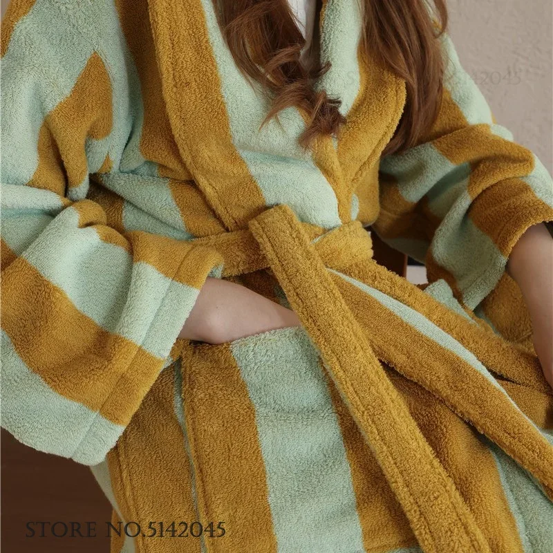 Cotton Terry Bathrobe Women's Long Robe Kimono Gown Thicken Stripes Towel Sleepwear Homewear with Pocket Loose Loungewear Pajama