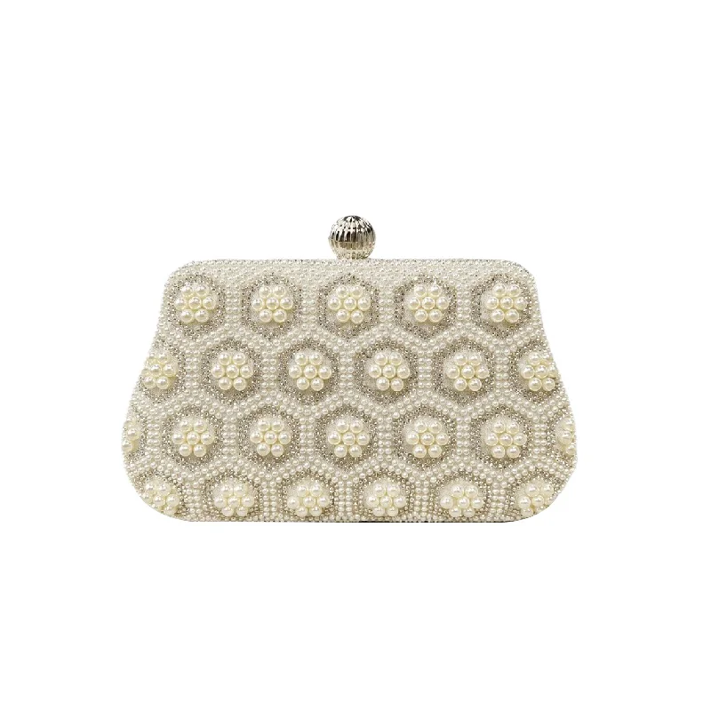 Pearl Clutch Evening Bag For Women, Beaded Hard Shell Chain Shoulder Purse, Wedding Party Banquet Handbag