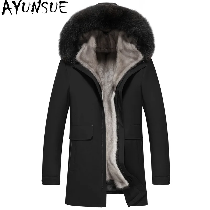 AYUNSUE Natural Fur Coat Man Hooded Fox Fur Collar Winter Warm Parkas Luxury 2025 Mink Fur Liner Jacket Men's Clothes Chaquetas
