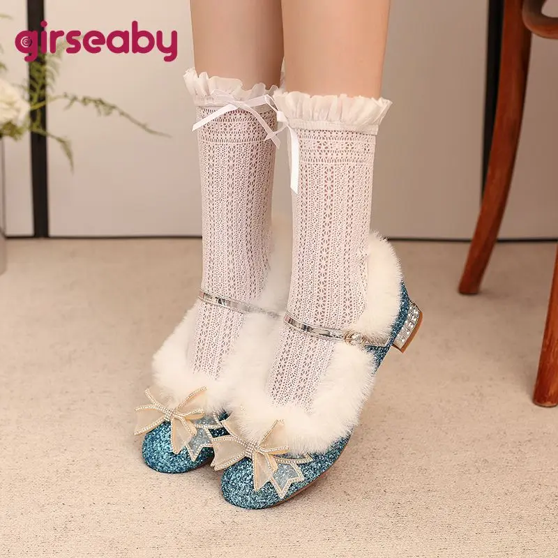 Girseaby Retro Girls Sweet Flast Round Toe Buckle Strap Butterfly Knot Bling Crystal Party Shoes Big Size 41 42 43 Autumn