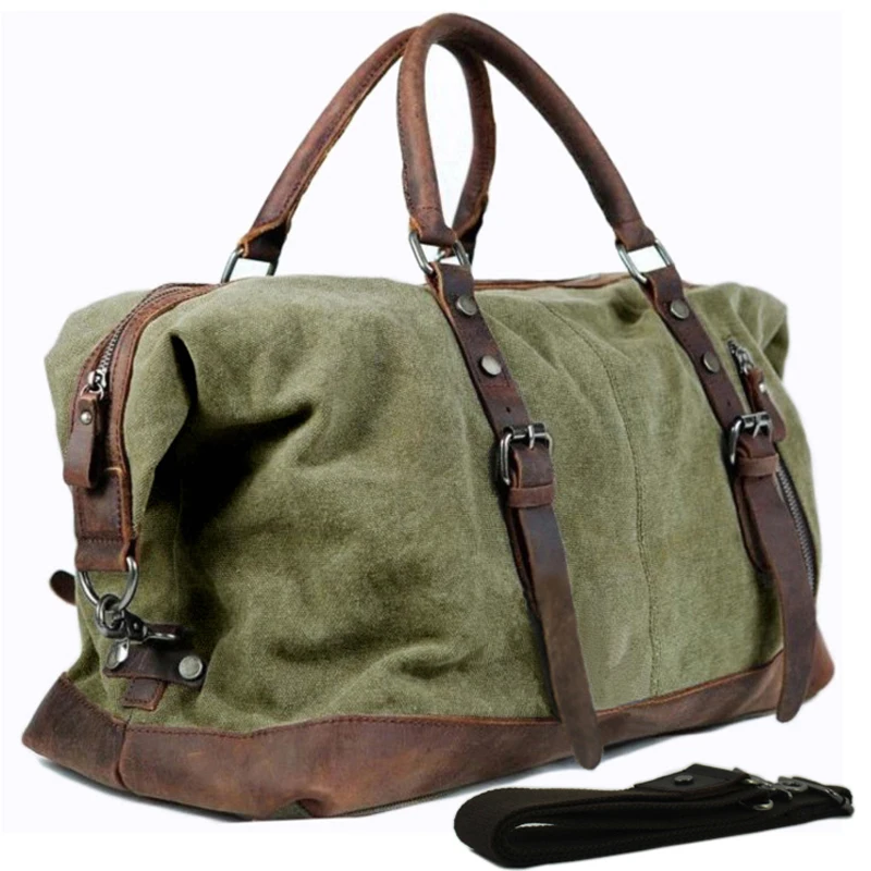 Vintage Military Canvas Leather Men Travel Bags Carry On Luggage Bags Men Duffel Bags Travel Tote Large Weekend Bag Overnight