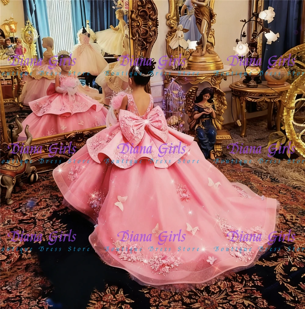 Quality Luxurious Pink Tulle Fluffy Flower Girl Dress with Exquisite 3D Applique for Kids Wedding Birthday Evening Ball Gowns