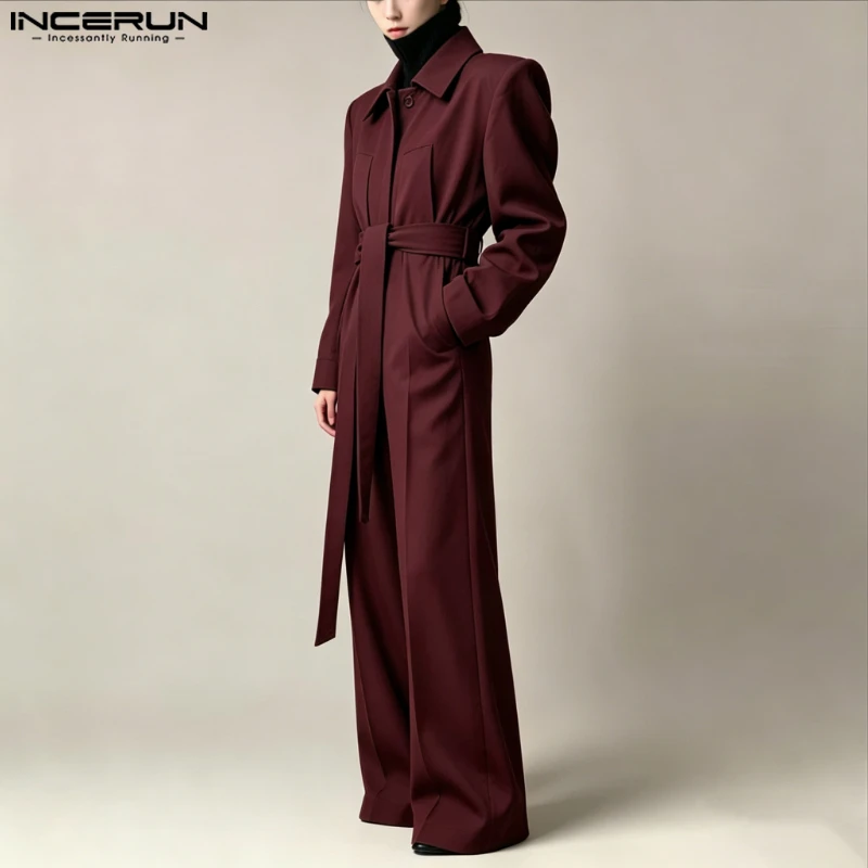 INCERUN Men's Jumpsuits Solid Color Lapel Long Sleeve Casual Lace Up Rompers For Man With Belt Streetwear Fashion Male Overalls