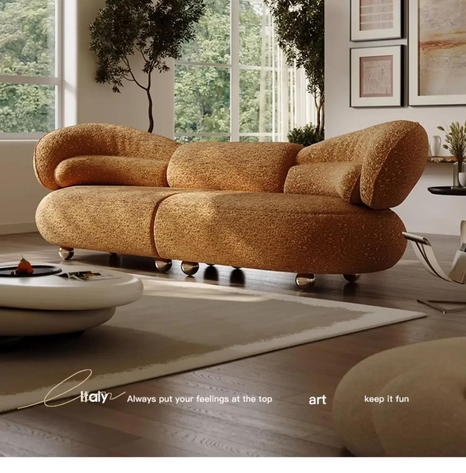 AAItalian Minimalist Fabric Sofa High-end Living Room Household Curved Light Luxury Straight Row Cream Wind