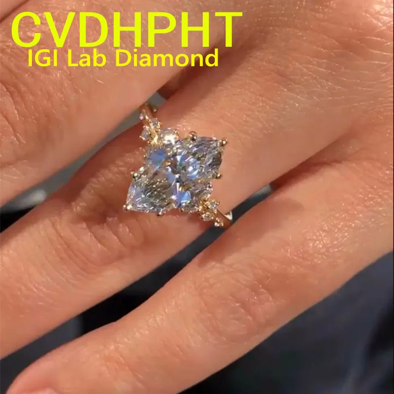 Customization 1 2 3 4CT Real 18K Yellow gold IGI Lab grown Diamond Ring Marquise shape Diamond wedding ring Factory Eng