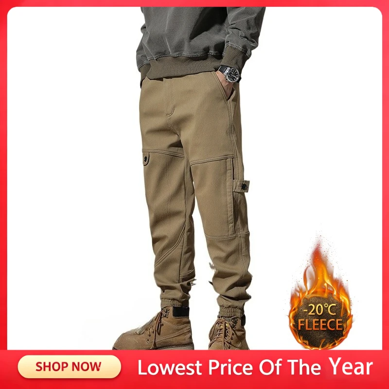 Brand Men's Cargo Pant Fleece Winter Warm Thick Hiking Pants Fleece Lined Waterproof Softshell Snow Insulated Work Cargo Pants