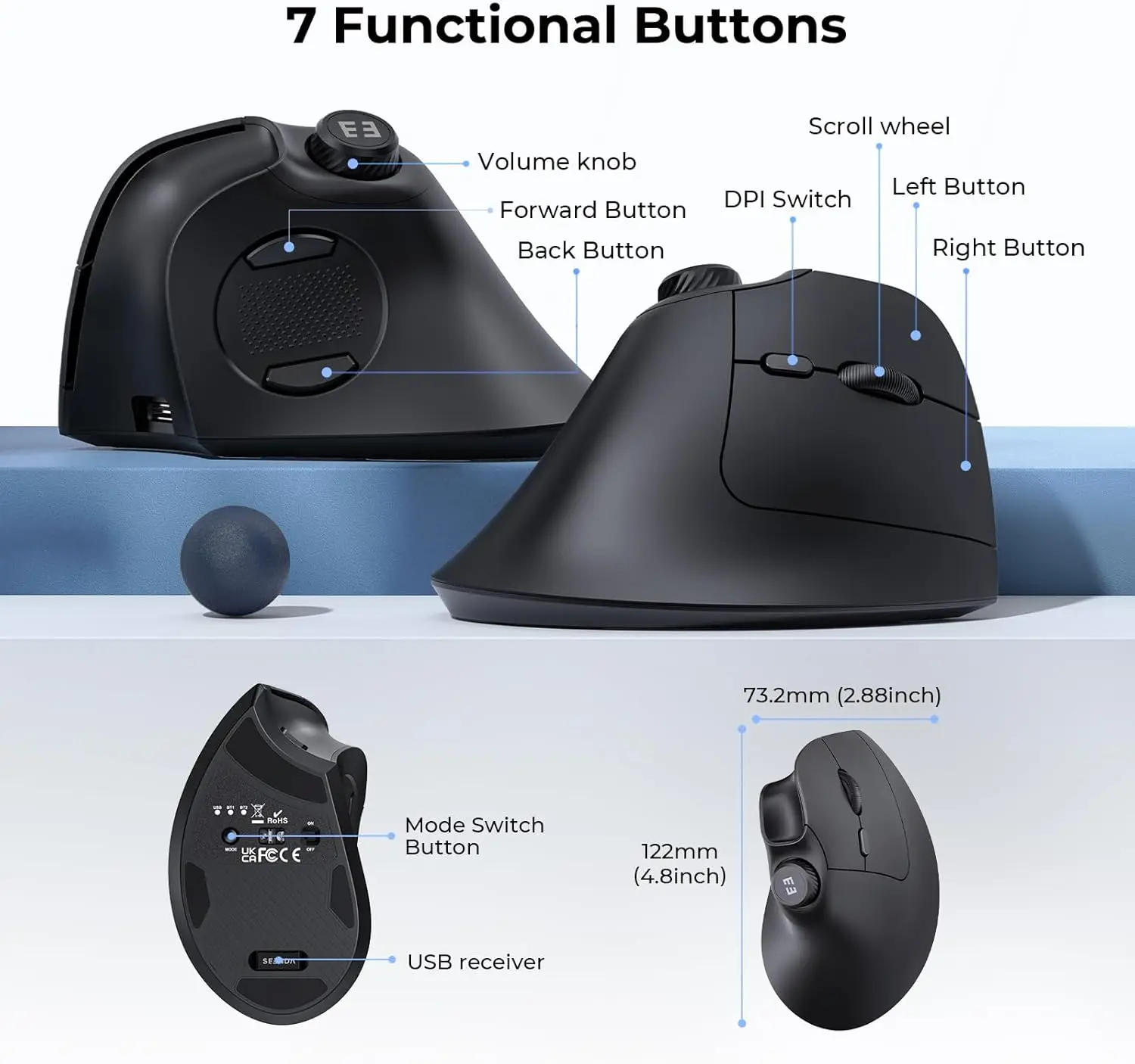 Custom Vertical Wireless Mouse Seenda Ergonomic MOU-302 Rechargeable USB BT Volume Knob Quiet Clicks Multi-Device