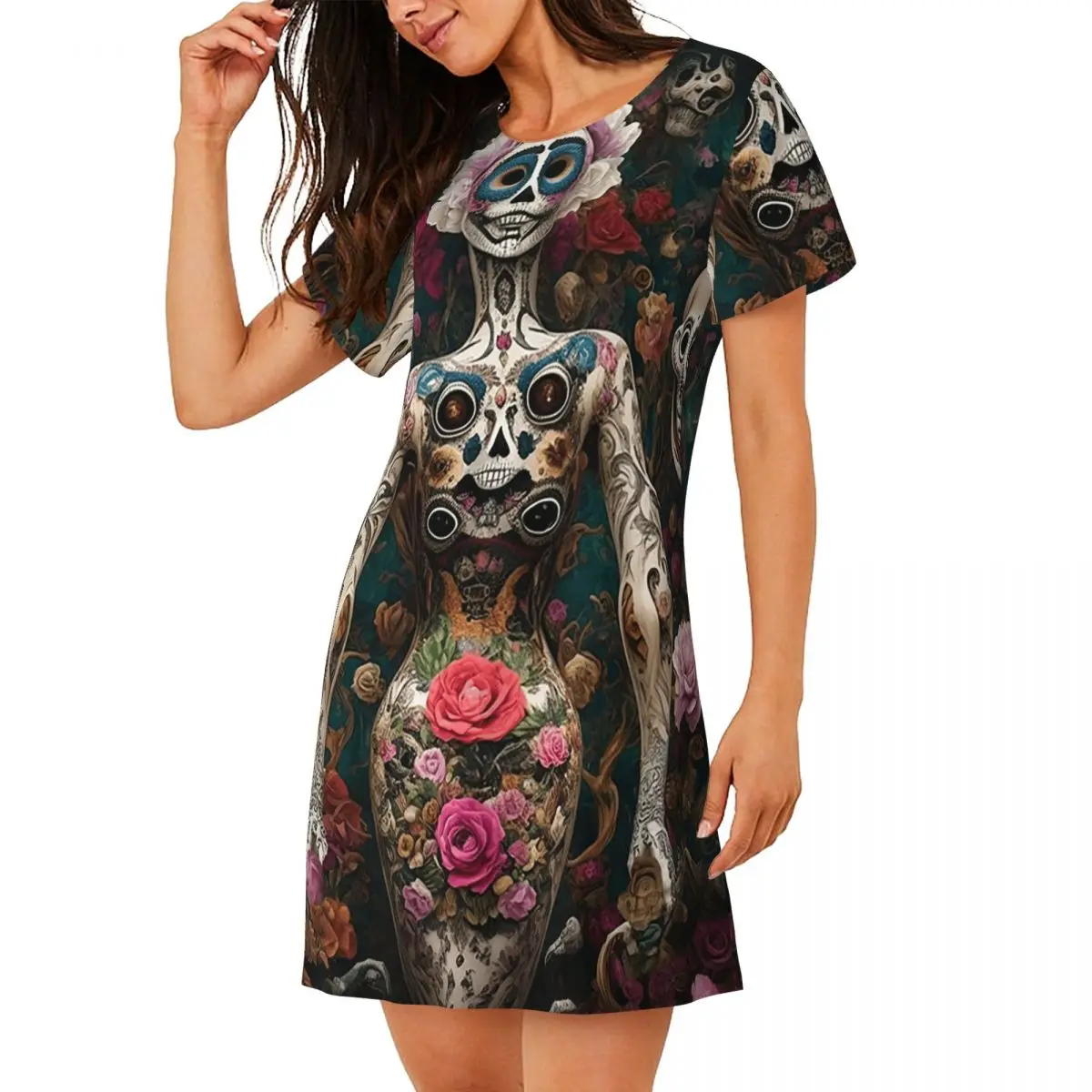 Mexican Catrina Girl Day Of The Dead Short Sleeves Nightdress For Sleeping Women Short Sleeve Nightgowns Pajama Dress