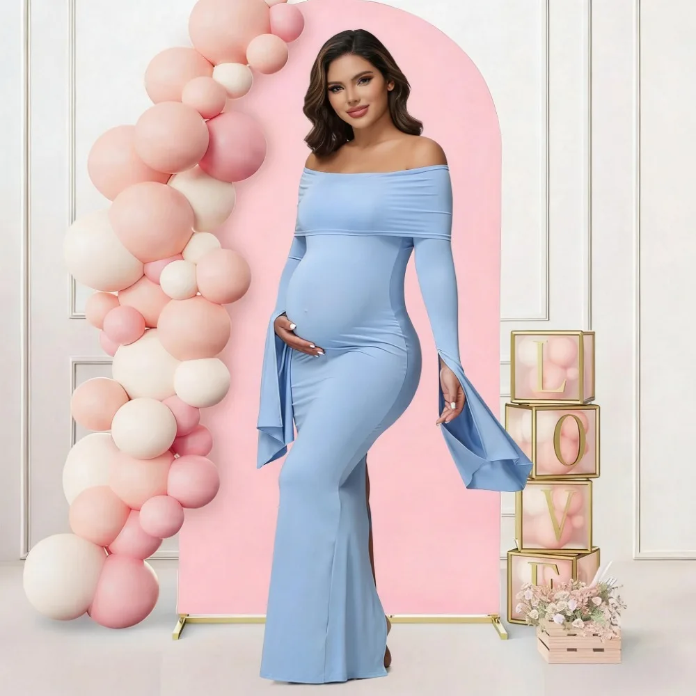 Women Maternity Dresses for Photoshoot Sexy Off Shoulder Long Sleeve Bodycon Pregnancy Baby Shower Maxi Gown