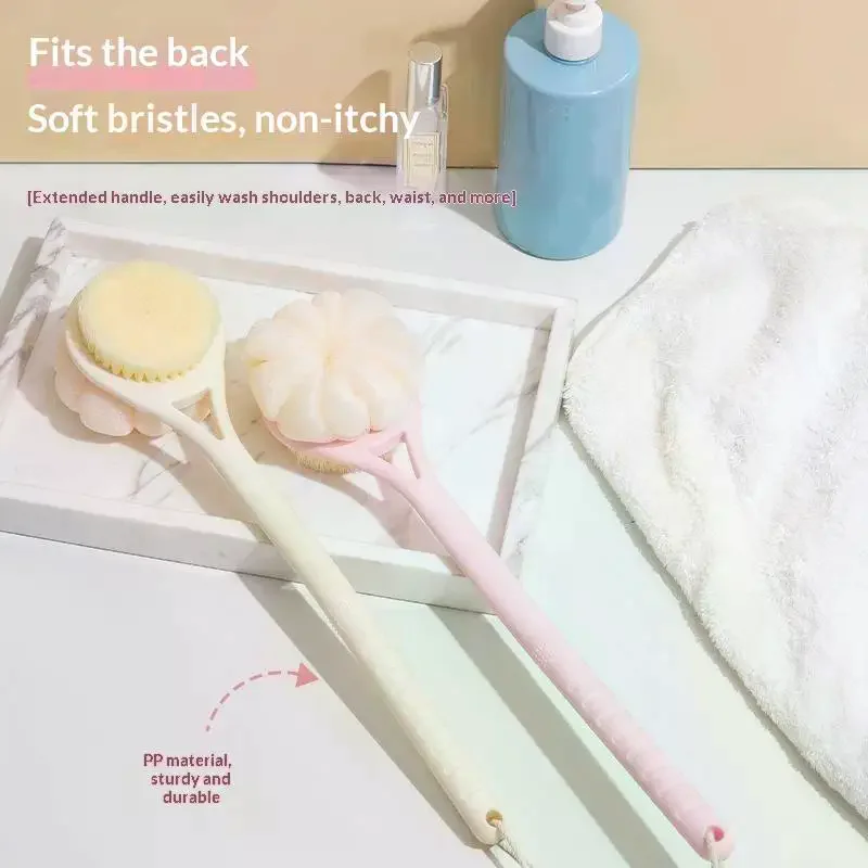 For Shower Double Sided Long Handle Bath Brush With Nylon Bristles And Mesh Puff Exfoliating Back Scrubbing
