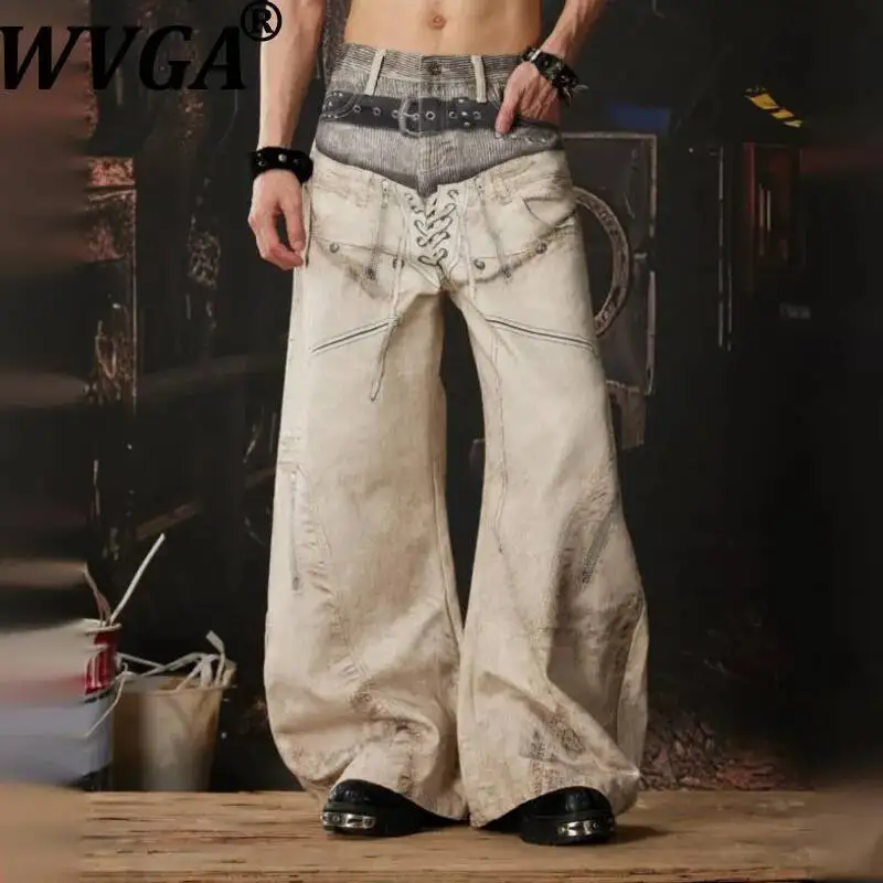 WVGA Spring Autumn New Men Tide 3D Printed Treny Double Waistband Loose Trousers Niche Chic Casual Wide-Leg Pants Ins Y2K W24151
