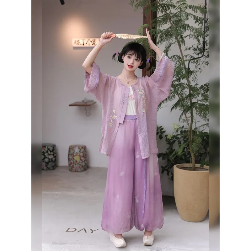Summer Thin Embroidery Round Neck Shirt Camisole Lantern Pants Chinese Style Set